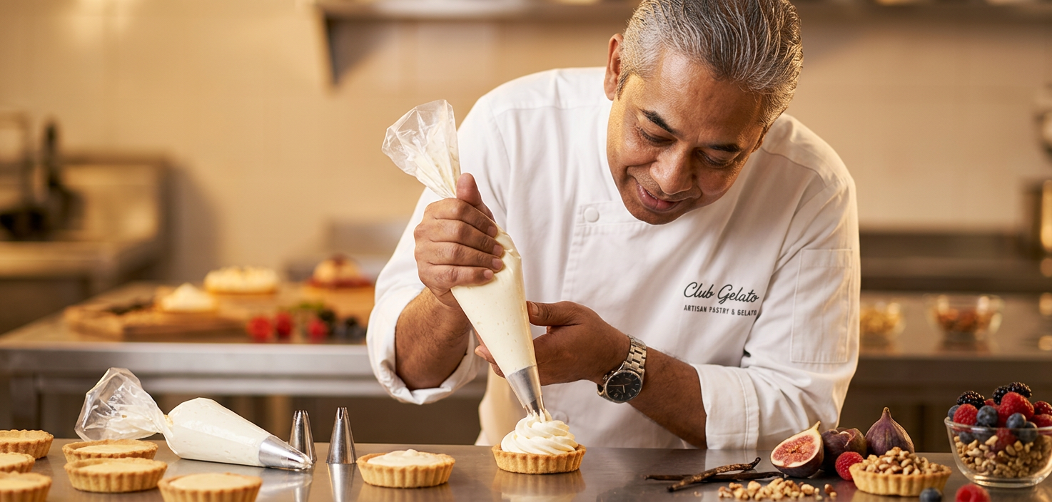 Club Gelato chef finishing pastries in the factory kitchen